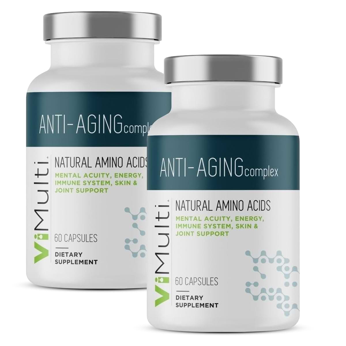 Two bottles of an anti-aging supplement with a white background