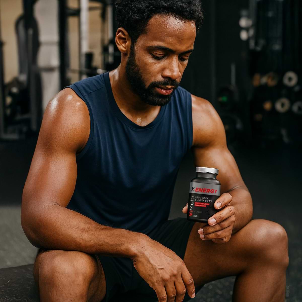 Man holding a supplement bottle in a gym setting