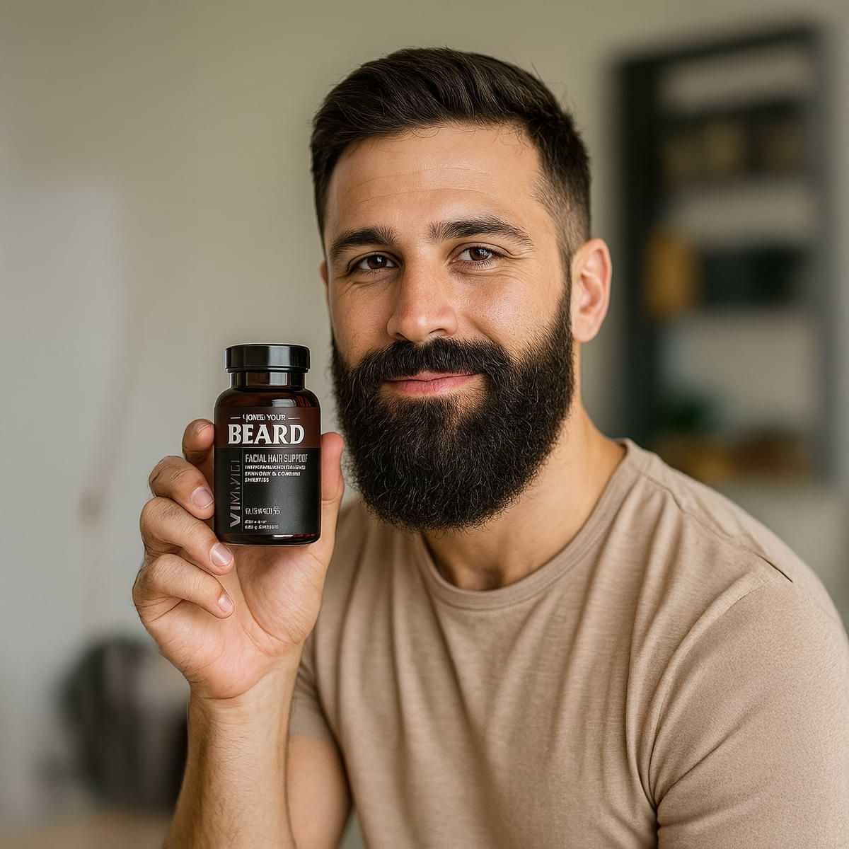 Man holding a bottle labeled 'Love Your Beard'
