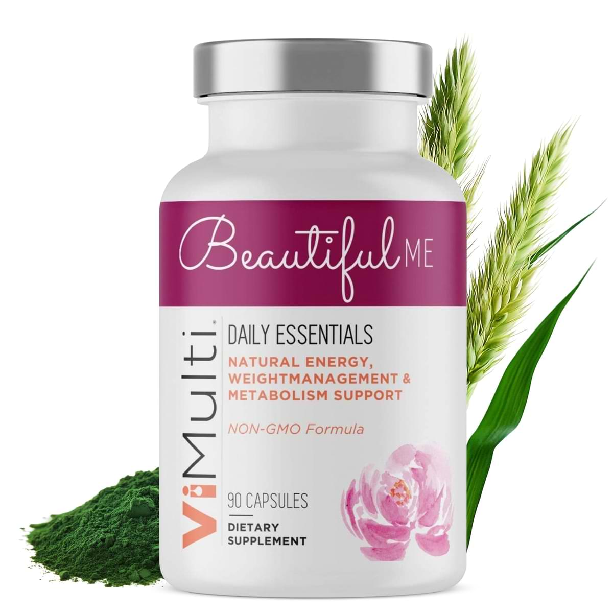Supplement bottle labeled 'Beautiful Me' with green leaves and a pink flower on a white background
