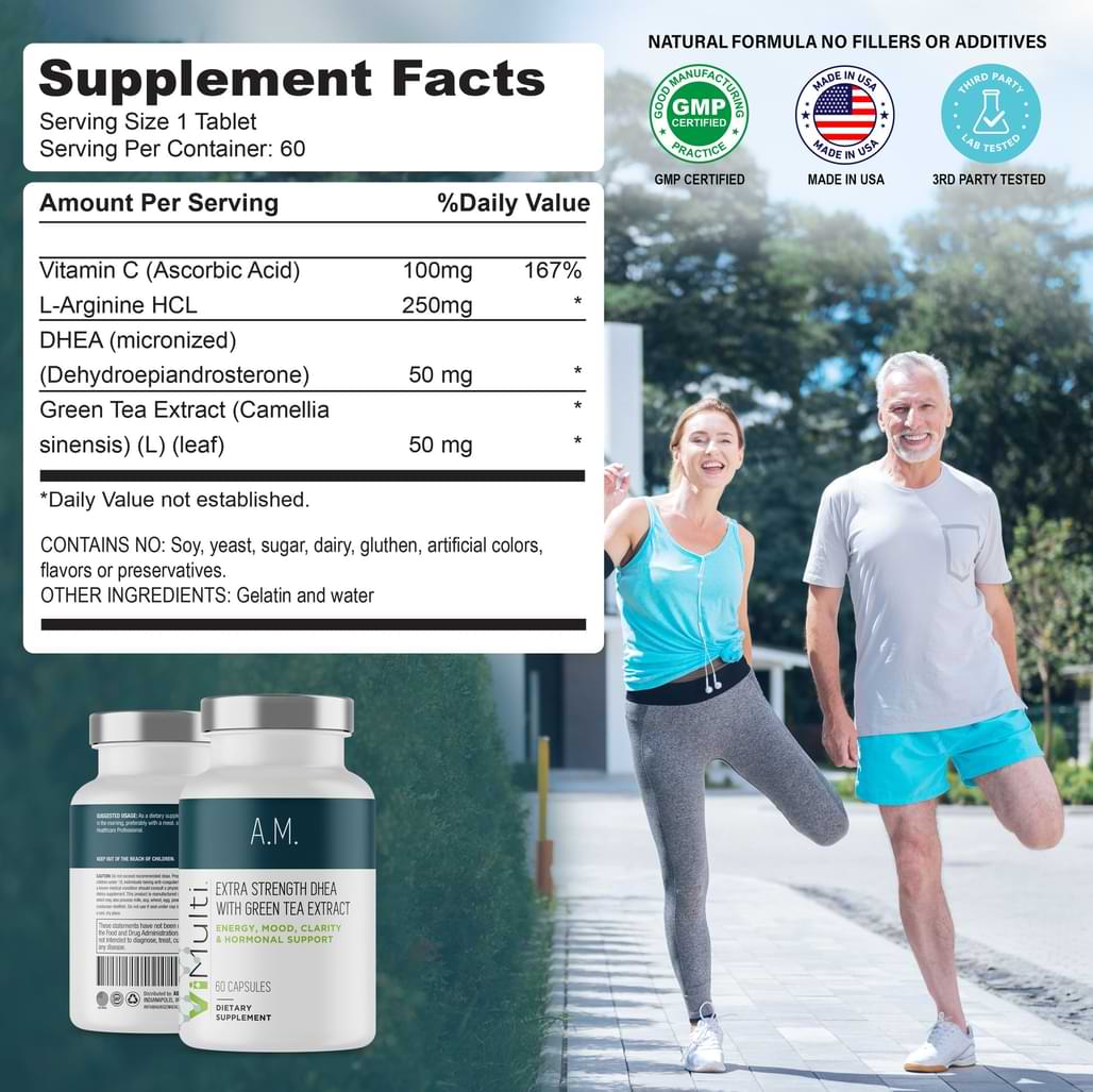 Supplement facts label for ViMulti A.M. with a couple exercising outdoors.