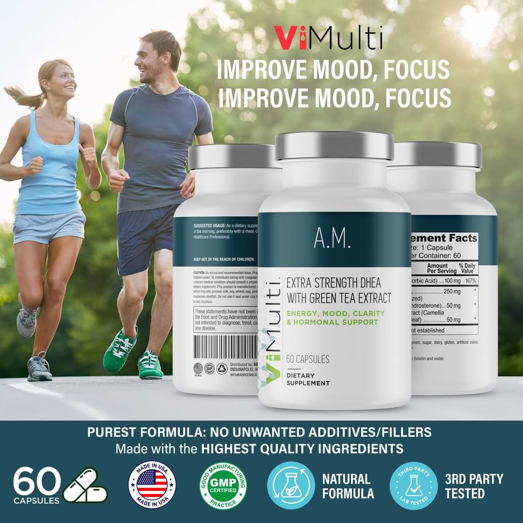 Supplement bottles labeled 'ViMulti A.M.' with people running outdoors, promoting mood and focus improvement.