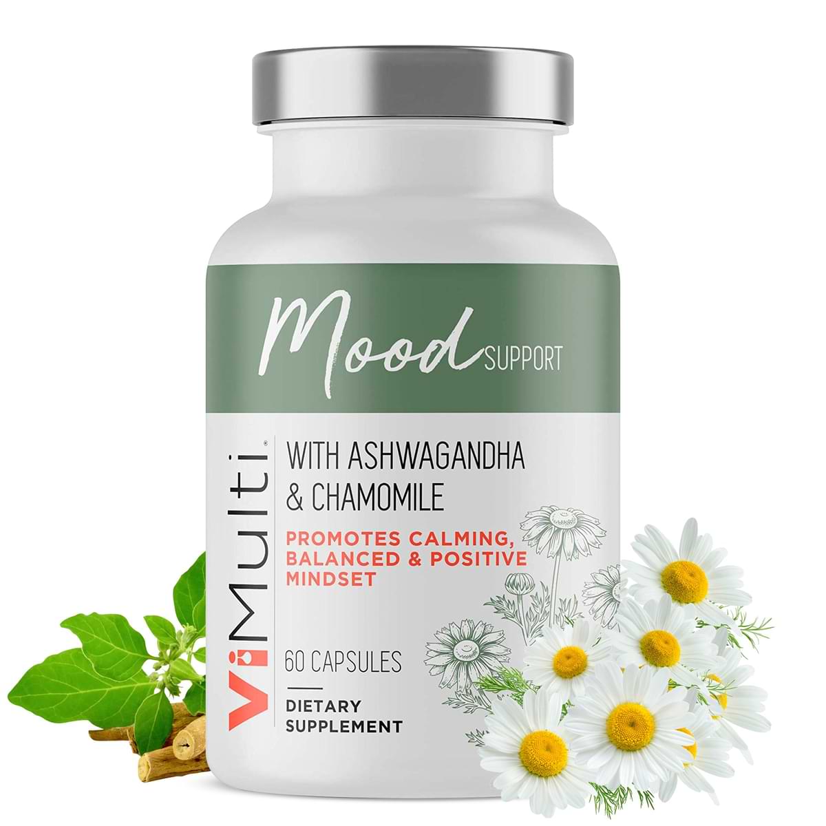 Supplement bottle labeled 'Mood Support' with herbs and flowers on a white background