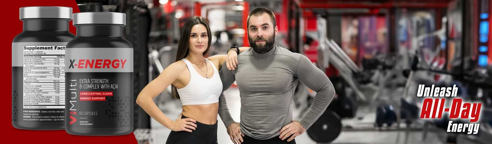 Two people in a gym setting with supplement bottles labeled 'ViMulti X-Energy' in the foreground