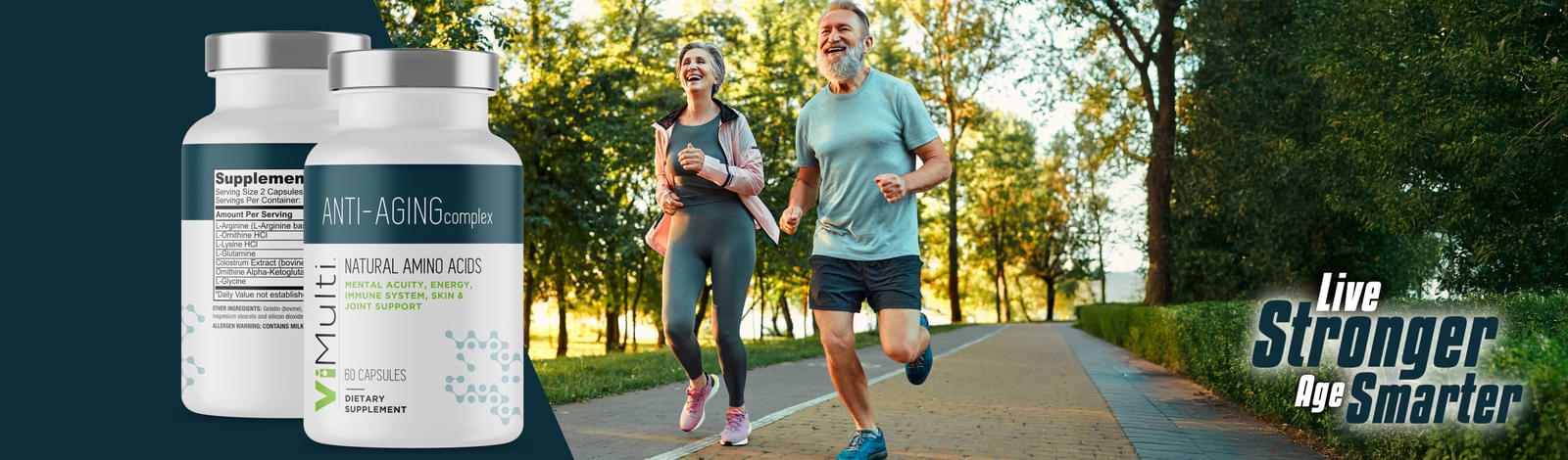 Two people running on a path with supplement bottles labeled 'ViMulti-Anti-Aging Complex'.