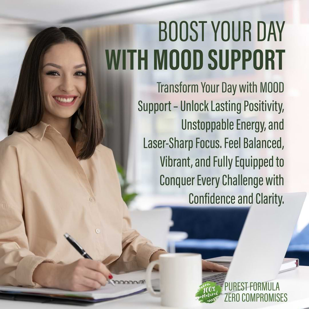 Woman sitting at a desk with a laptop and coffee, text about mood support and positivity.