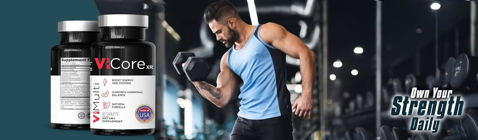 ViMulti - ViCoreXR Bottle beside a man carrying a dumbbell in a gym setting